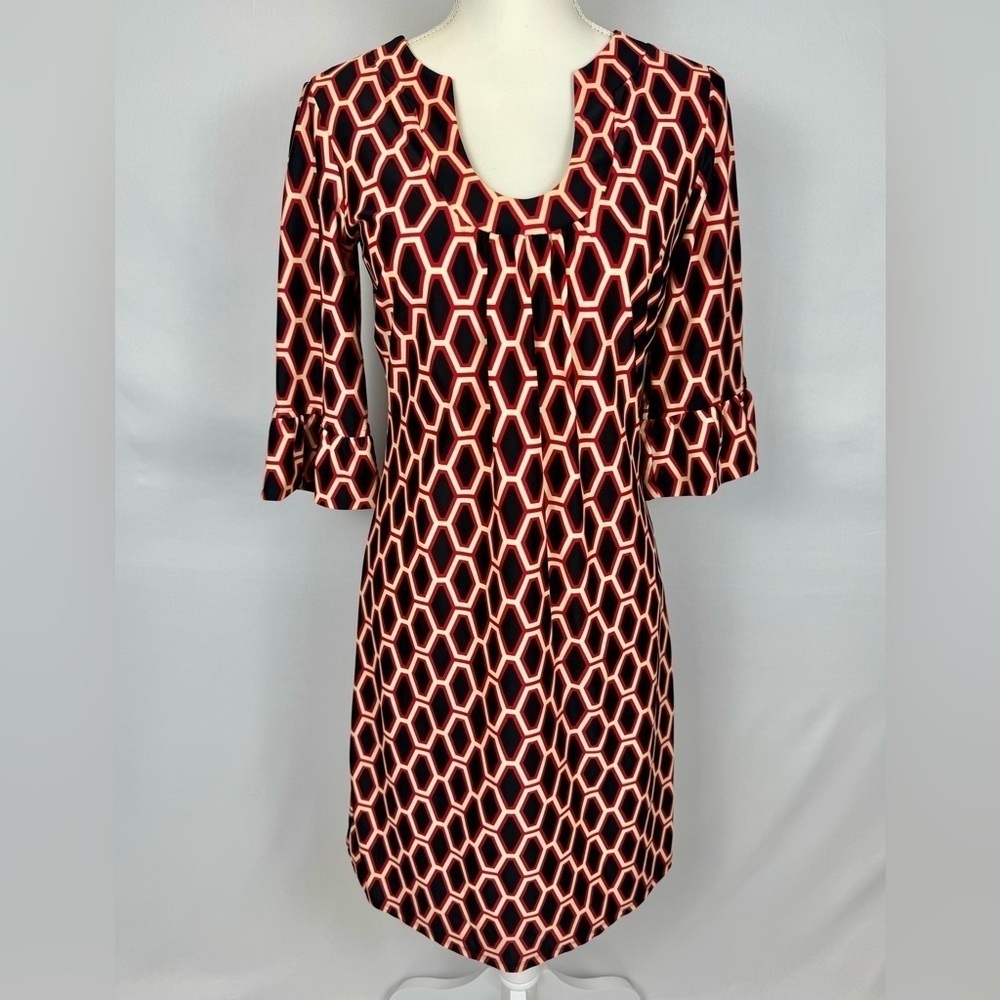 Jude Connally Nancy Shift Dress Stretch Half Sleeves Red Geometric Print Small
